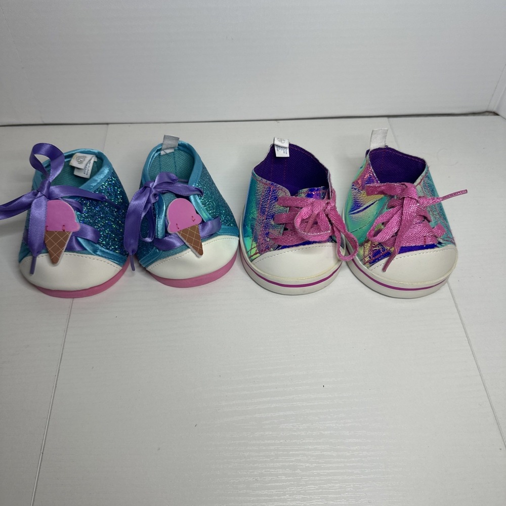 Build A Bear 2 pair shoes Blue glitter Kabu Ice Cream Rainbow iridescent BAB